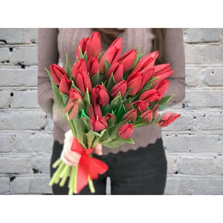 Sale Bouquet of Red Tulips in a Red satin ribbon
