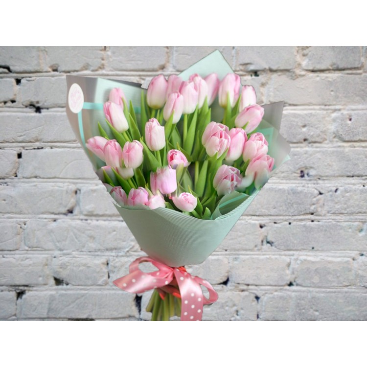 Sale Bouquet of Pink Tulips in Turquoise packaging
