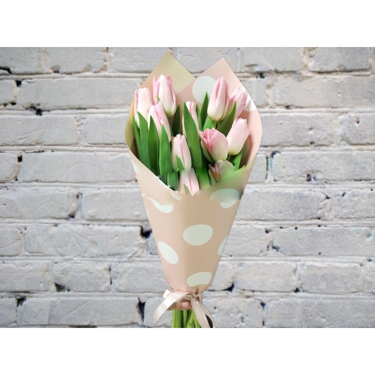 Sale Bouquet of Pink Tulips in a Soft Pink Polka Dot package
