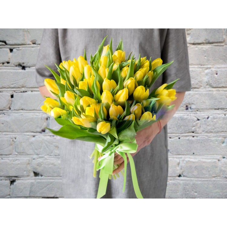 Sale Bouquet of Yellow Tulips in a Delicate Green satin ribbon
