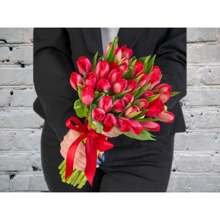 Sale Bouquet of Red Tulips in a Satin ribbon

