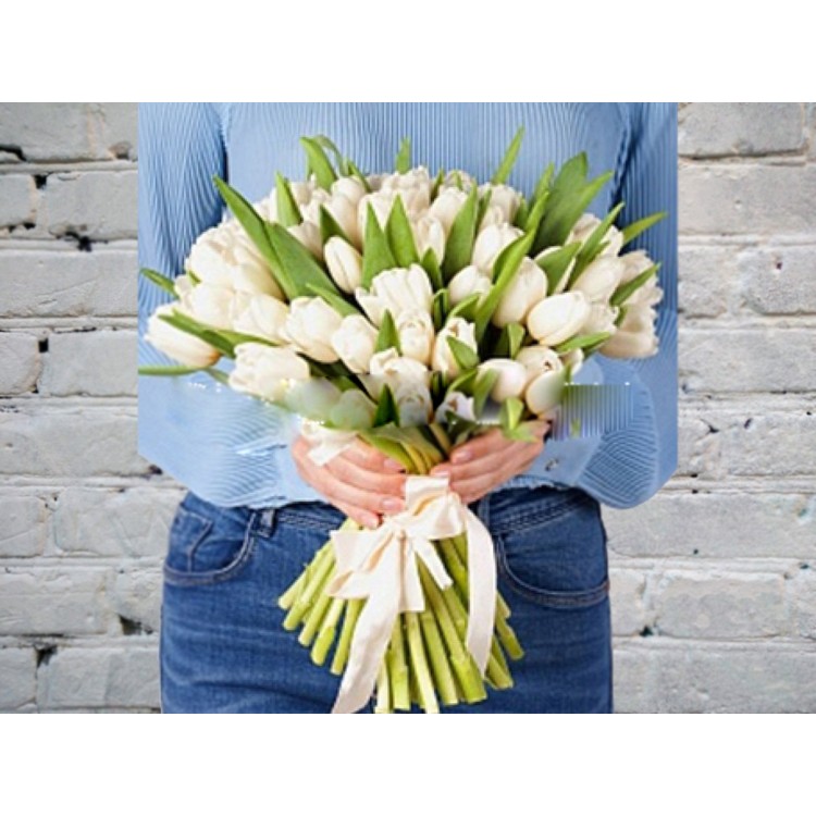 Sale Bouquet of White Tulip in satin ribbon
