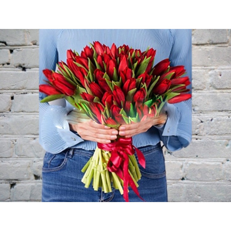Sale Bouquet of Red Tulips in a Satin ribbon
