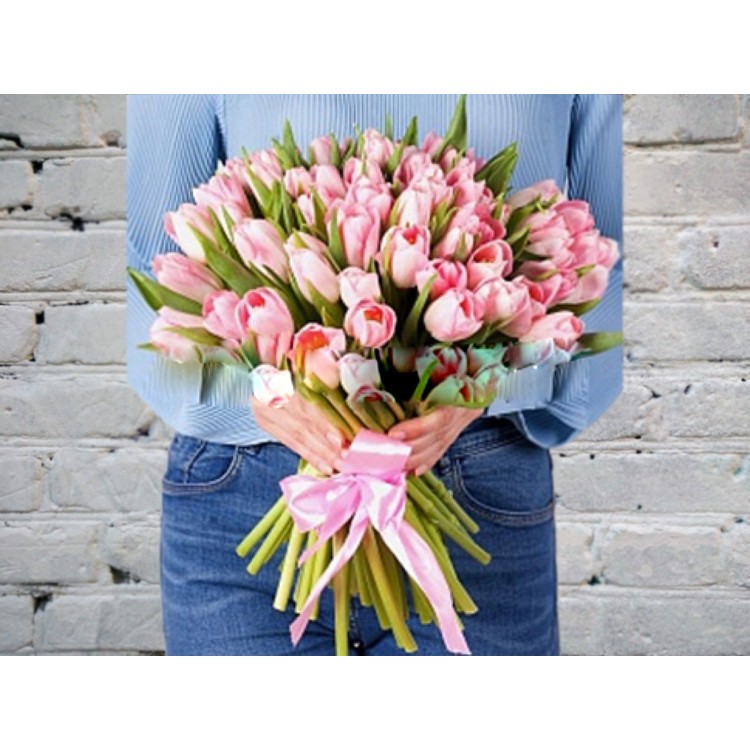 Sale Bouquet of Pink Tulip in Satin Ribbon

