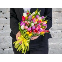 Bouquet of Bright Mixed Tulips in a Satin ribbon
