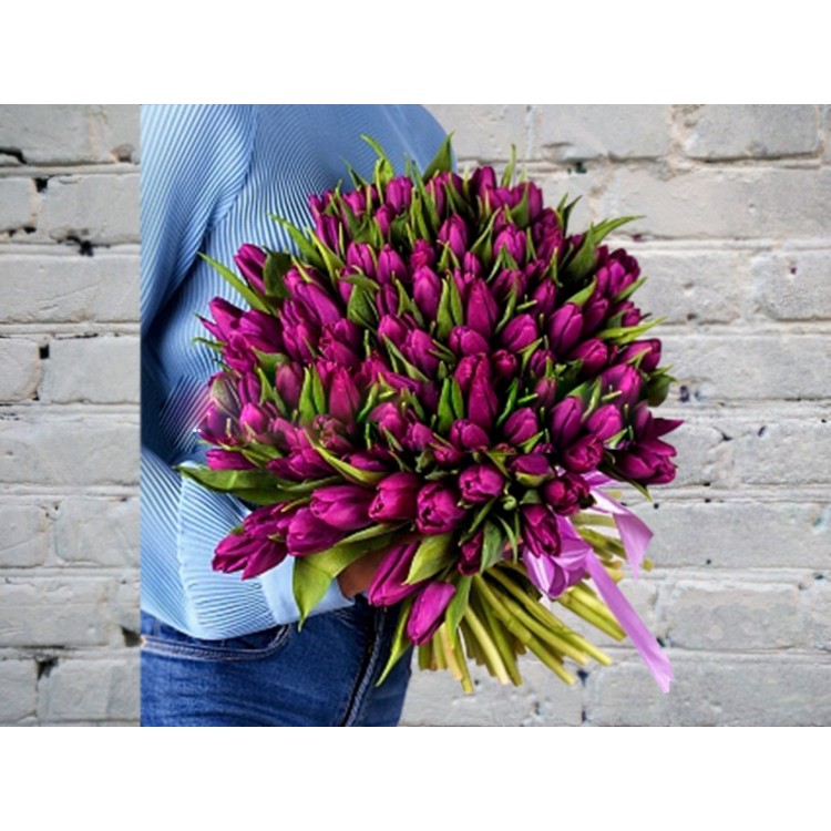 Sale Bouquet of 101 Purple Tulips in a satin ribbon
