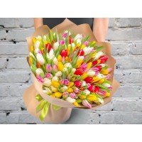 Букет из 101 Белого, Розового, Желтого и Красного Тюльпана в Упаковке
