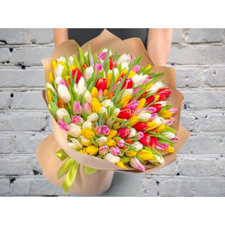 Букет из 101 Белого, Розового, Желтого и Красного Тюльпана в Упаковке
