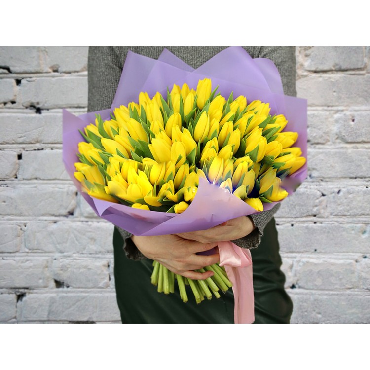 Sale Bouquet of 101 Yellow Tulips in a Lilac Package
