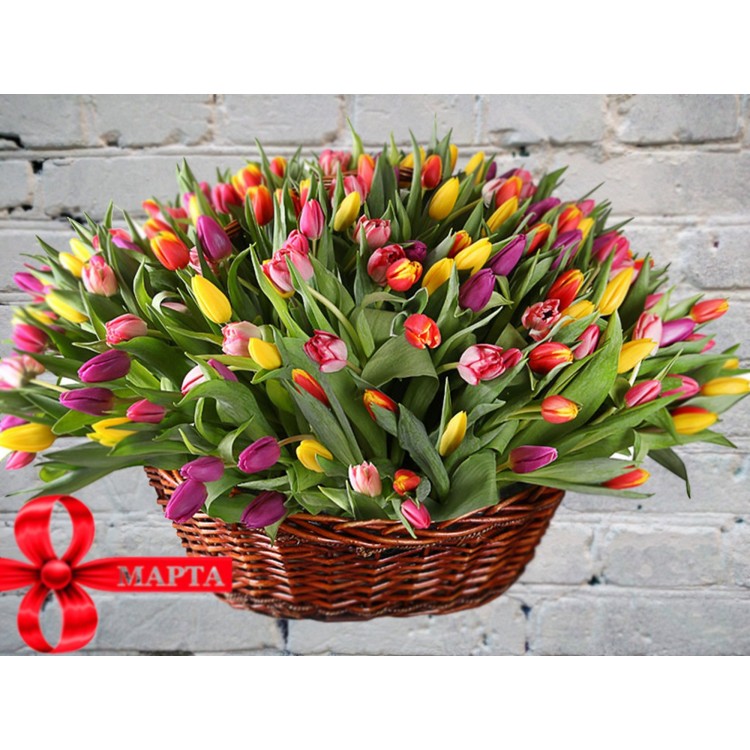 Корзина с Разноцветными Тюльпанами MIX
