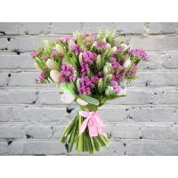 Bouquet with White Tulips and Pink Statice with Green Bell
