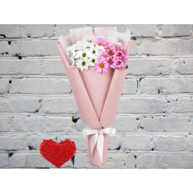 Sale Bouquet of Chrysanthemums of White and Pink Chamomile in a package
