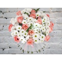 Bouquet with bush Chrysanthemum and Pink roses
