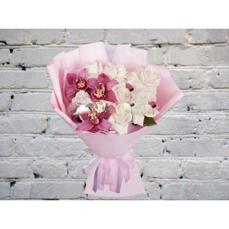 Sale Bouquet of White Roses and Red Orchids
