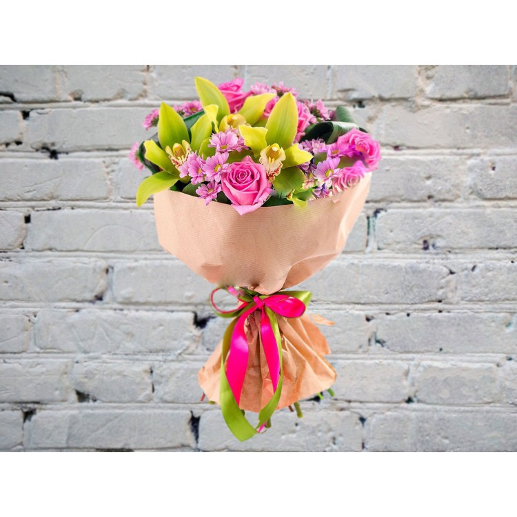 Sale Bouquet of Green Orchid, Pink Chrysanthemums and Roses

