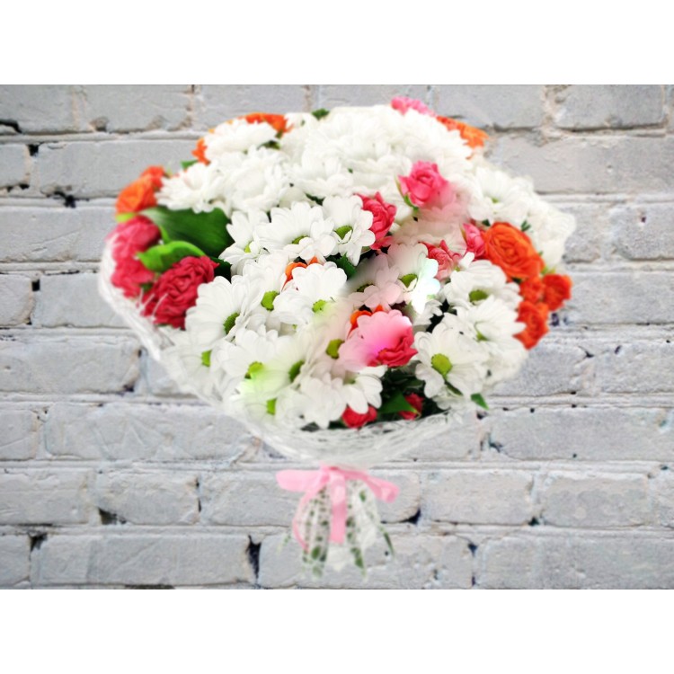 Sale Bouquet of Chrysanthemums and Bush Pink Roses
