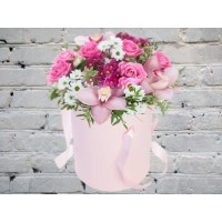 Composition of Bush Chrysanthemums and Orchids in a Box
