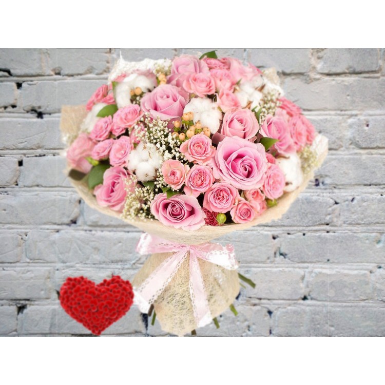 Sale Pink Bush roses with Cotton and Gypsophila
Sale Pink Bush roses with Cotton and Gypsophila