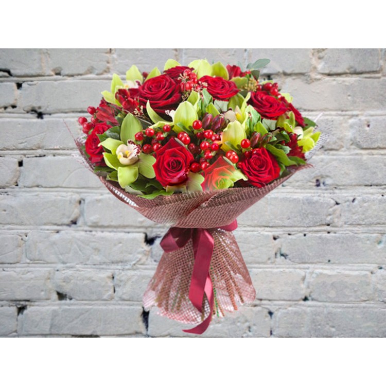 Sale Bouquet of red roses, orchids and hypericum

