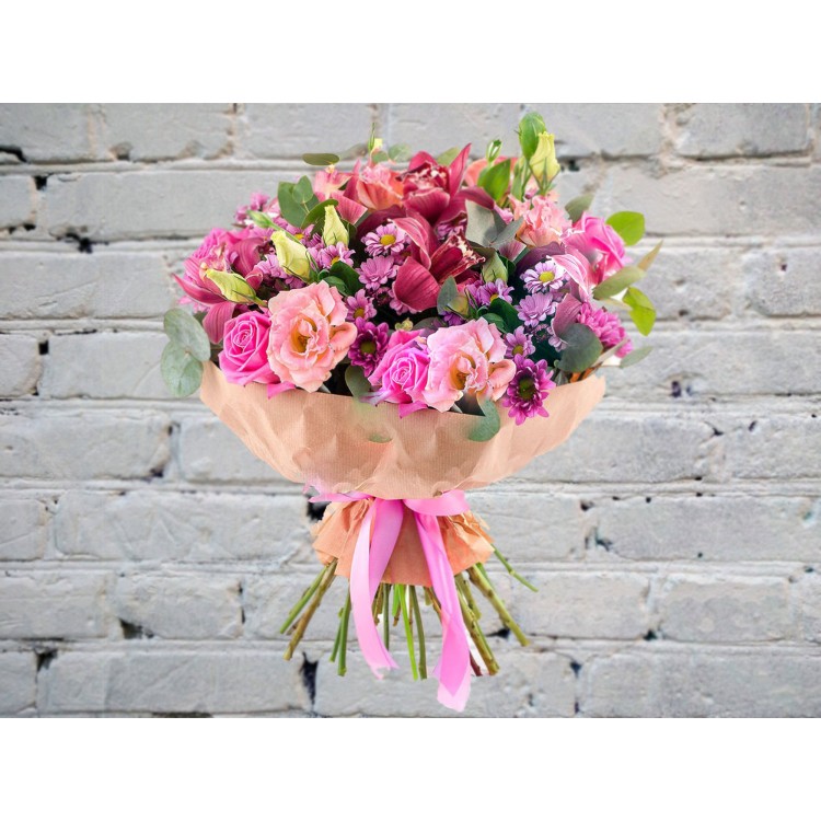 Букет с Розовой Розой, Орхидеей и Сиреневой Хризантемой
