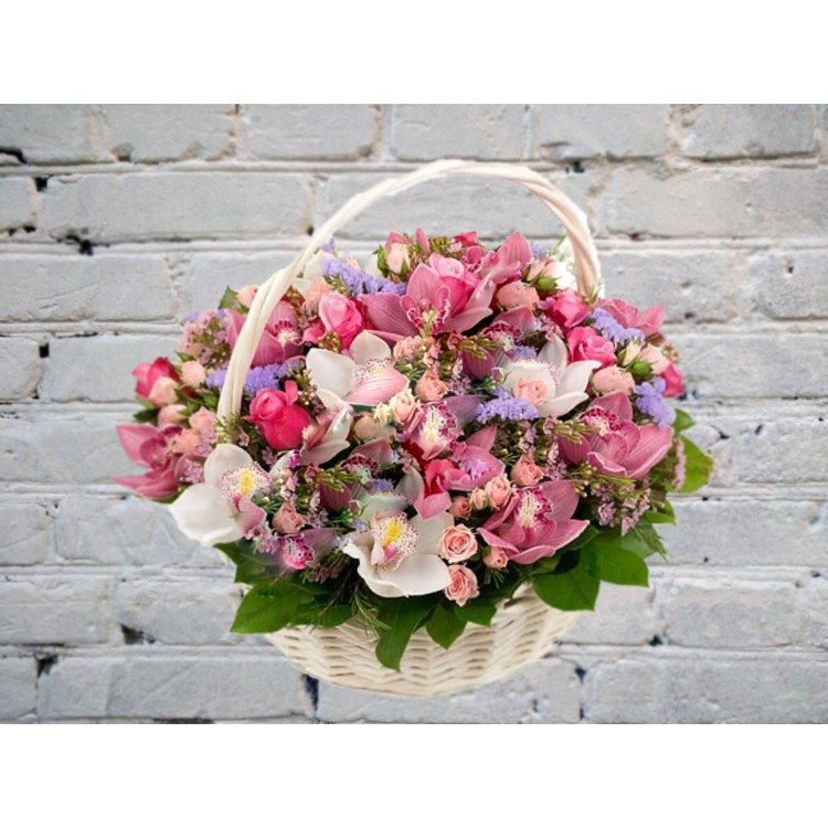 Sale Basket with Orchids and Pink Rose
