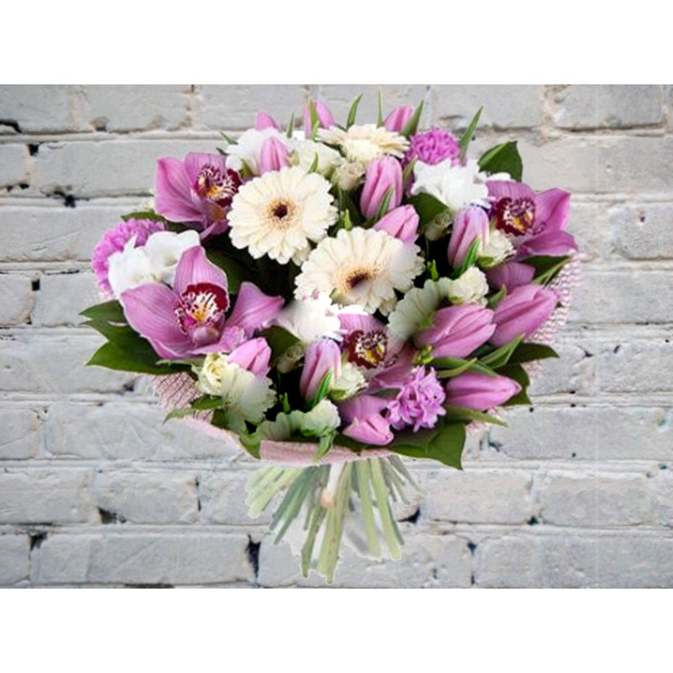 Букет из 3 гербер, 11 тюльпанов и 3 орхидей
