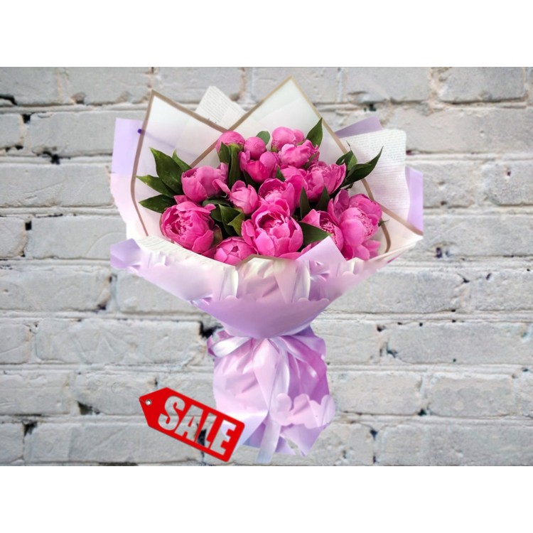 Sale Bouquet of Bright Pink Peonies in a Matte Package with Ruskus
