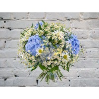 Bouquet of blue hydrangeas and daisies
