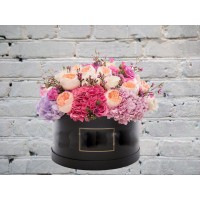 Hatbox with Cream Peony Roses and Waxflower
