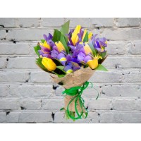 Bouquet with Blue Irises and Yellow Tulips
