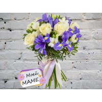 Bouquet of White Freesias, Roses and Blue Irises
