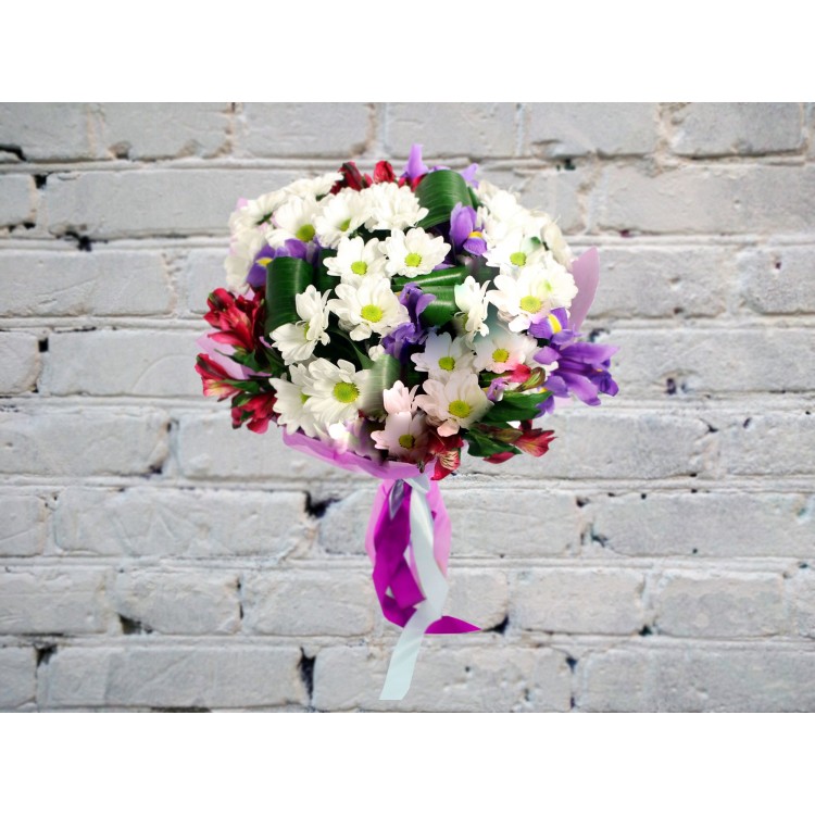 Sale Bouquet with irises, chrysanthemums and alstroemeria
