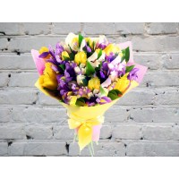 Bouquet with Irises and Yellow Tulips
