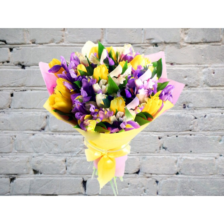 Sale Bouquet with Irises and Yellow Tulips
