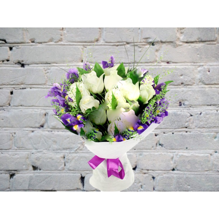 Sale Bouquet of White Rose and Blue Irises
