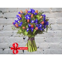 Bouquet with Irises and Red Tulips
