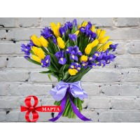 Bouquet with Yellow Roses and Blue Irises
