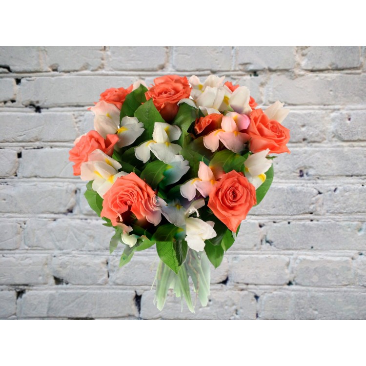 Sale Bouquet with roses pink and white irises
