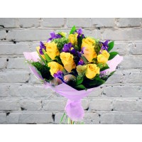 Bouquet with Yellow Roses and Blue Irises

