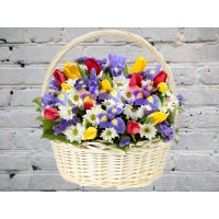 Корзинка с Ирисами и Весенними Тюльпанами
