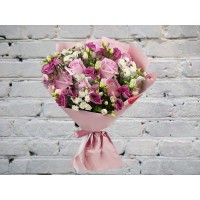 Bouquet with Lisianthus and Pink Roses in Matte Packaging
