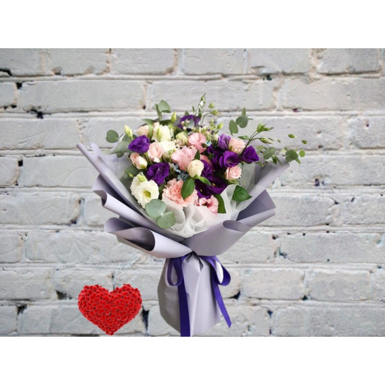 Sale Bouquet with Pink, White and Purple Eustoms with Eucalyptus
