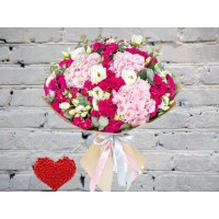 Pink Hydrangeas with a Bright Bush Rose and Eustoma
