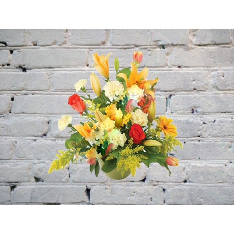 Sale Composition with yellow lily, carnation and roses

