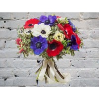 Bouquet of Blue, Red and White Anemones with Decoration
