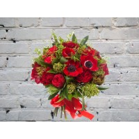 Bouquet of Red Peony-Shaped Roses and Anemones
