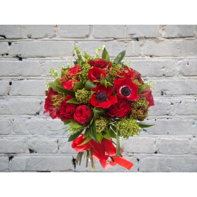 Sale Bouquet of Red Peony-Shaped Roses and Anemones
