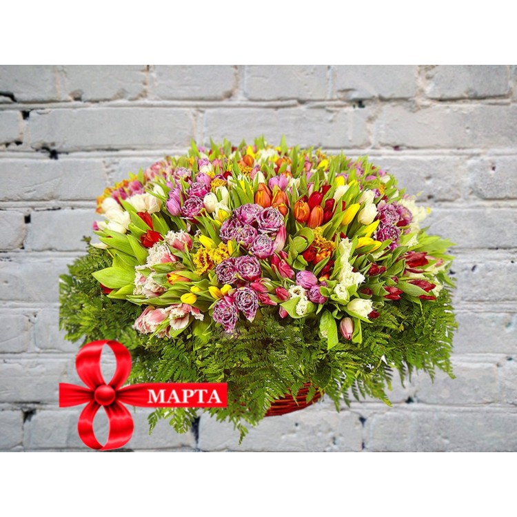 Огромная Корзина Тюльпанов Разноцветных
