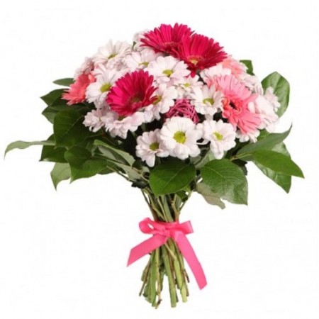 Купить букет белых хризантем и розовых гербер с доставкой по СПб